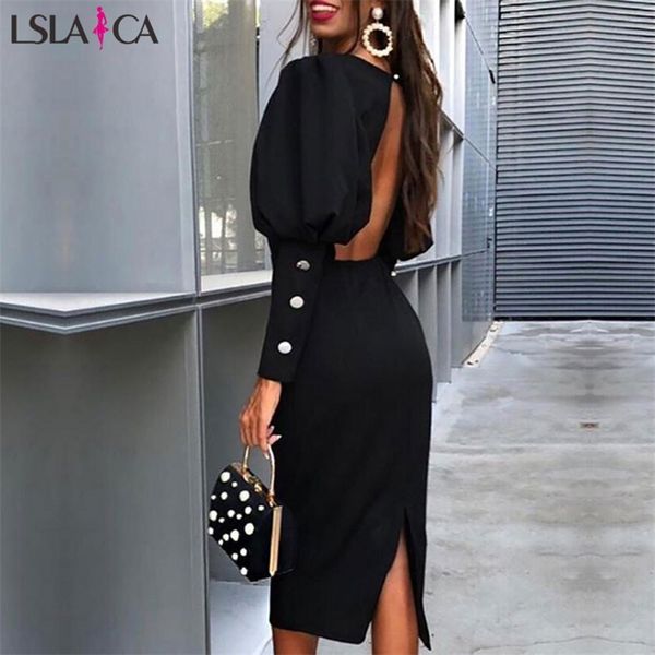 

dress women round neck long-sleeved halter fashion hem split fork lantern sleeves midi dress autumn 210515, Black;gray