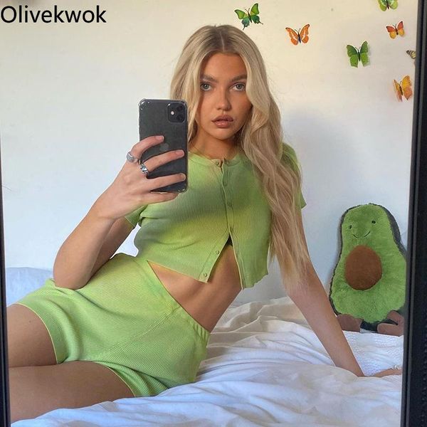 

women's tracksuits olivekwok 2021 summer women short sets sleeve fashion solid leisure two-piece suit street night outfits, Gray