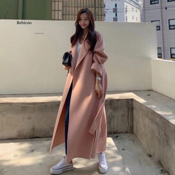 

women's wool & blends autumn and winter south korea ins double-sided cashmere coat medium long loose side slit tweed, Black