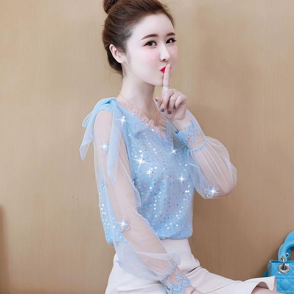 

women's spring summer style chiffon blouse shirt sequined long sleeve bow elegant slim casual dd8406 blouses & shirts, White