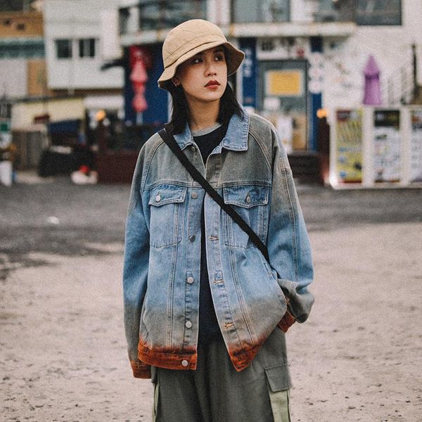 

women's jackets spring autumn streetwear gradient color denim jacket lapel retro temperament tooling jeans coat 2021 jaqueta feminina i, Black;brown