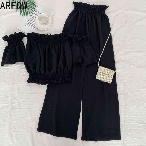 

summer two piece sets off shoulder t shirt+pants 2 piece outfits for women pants 210507, White