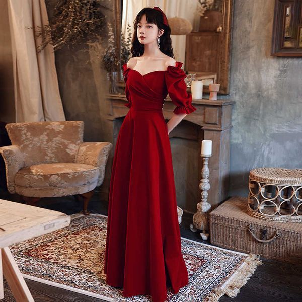 

luxury evening dress toast bride 2021 spring and autumn wine red wedding long temperament banquet host evening skirt, Black;gray