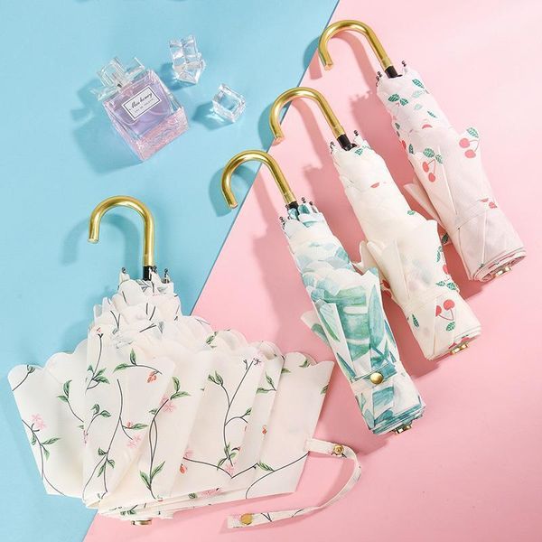 

umbrellas cherry umbrella female fold fresh style pocket parasol girl sun rain women windproof creative flower floral1