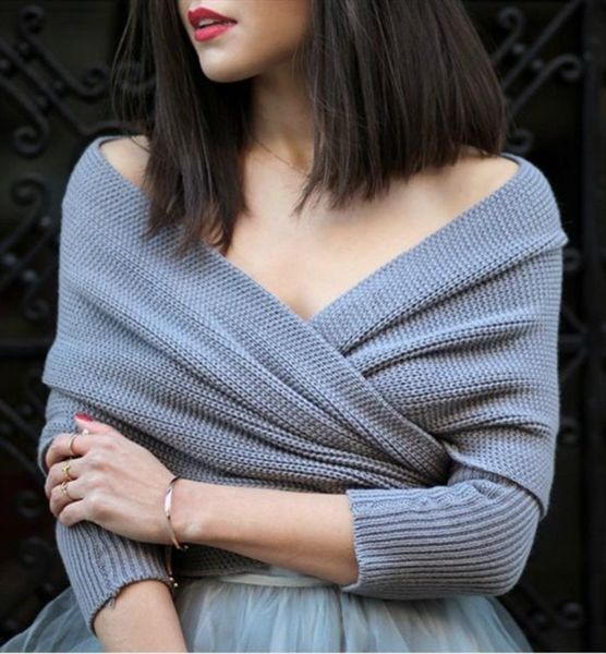 

brand winter women v neck sweaters off shoulder loose solid cross knitted jumper knitwear outwear clothing, White;black