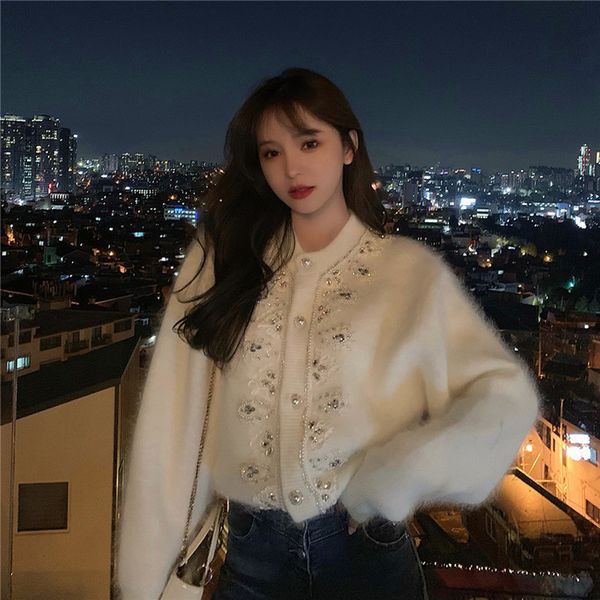 

knits mink beaded white sweater coat autumn winter thick mohair sweet knitted cardigan