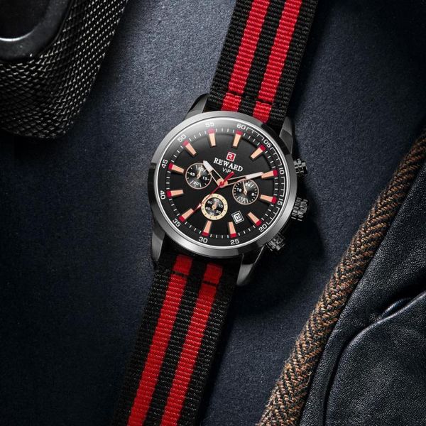 

wristwatches reward brand luminous men's watch waterproof calendar feature fashion nylon strap men relogio masculino montre homme, Slivery;brown
