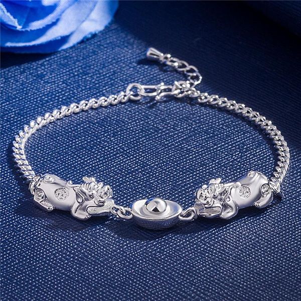 

charm bracelets feng shui silver color double pixiu pendant bracelet for women men elegant lucky and wealth jewelry gift, Golden;silver