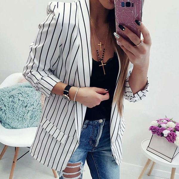 

women's suits & blazers autumn winter fits women blazer mujer formal jackets office lady open front notched coat fashion stripe black w, White;black