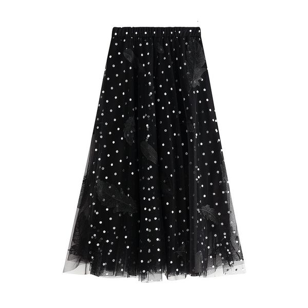 

skirts skirts spring embroidered mesh skirt sweet dotted fairy feather embroidery a-line long pleated tulle s di2y, Black