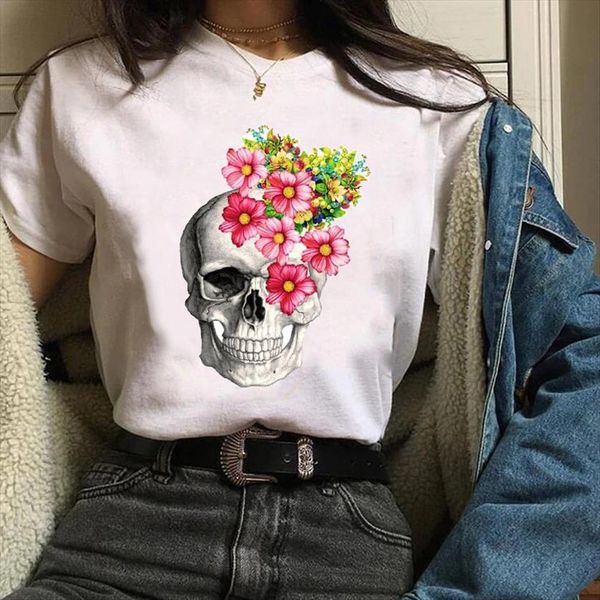 

clothing clothes graphic kawaii womens t shirt floral cute skull summer autumn print halloween tees female, White