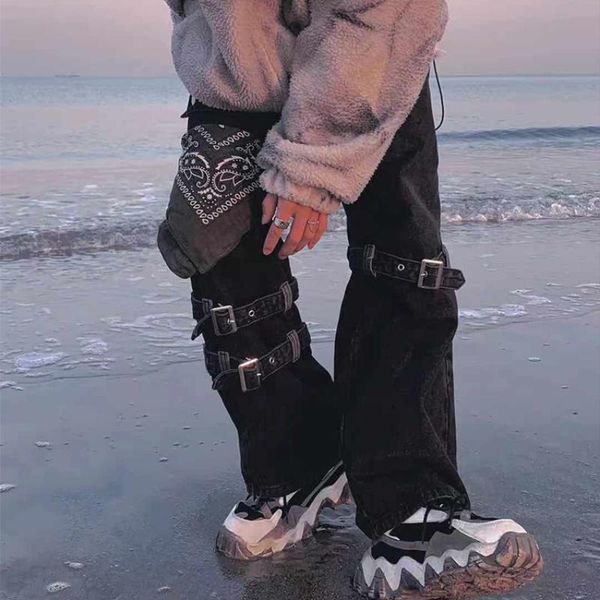 

men's jeans 2021 japanese streetwear hip-hop gothic men bandage straight wide leg washed denim pants male women rock overalls trousers, Blue