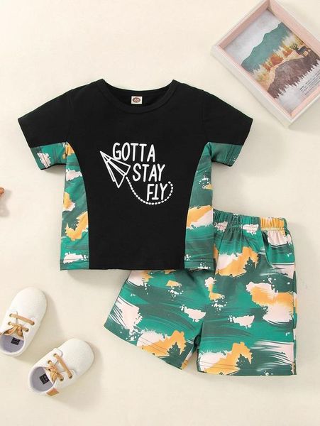 

baby slogan and brush print tee & shorts she, White