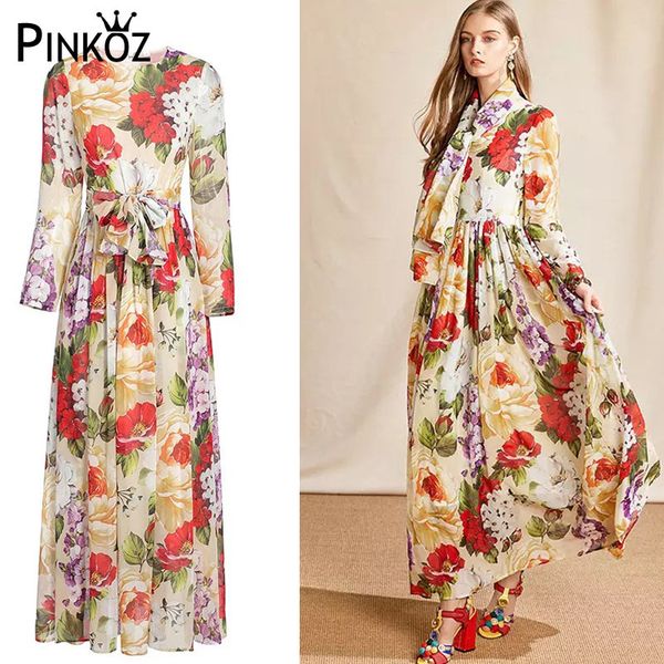 Abiti maxi in stile vintage retrò da designer di passerelle per feste stampate con collo a fiocco manica lunga abito a fiori rosa za 210421