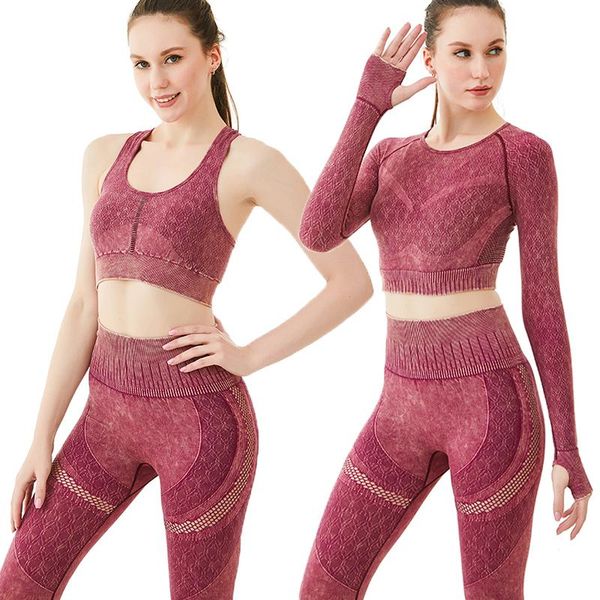 

yoga outfit seamless women set tie-dye workout sportwear long sleeve gym clothes mesh sport pant fitness bra outdoor high waist legging