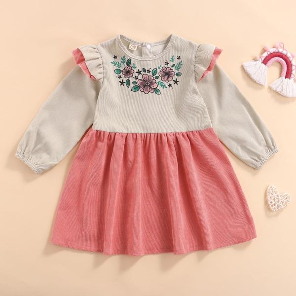 Vestidos da menina criança bebê meninas manga comprida vestido com plissado decoração linda infantil outwear flor impressão corduroy dobra roupas outono