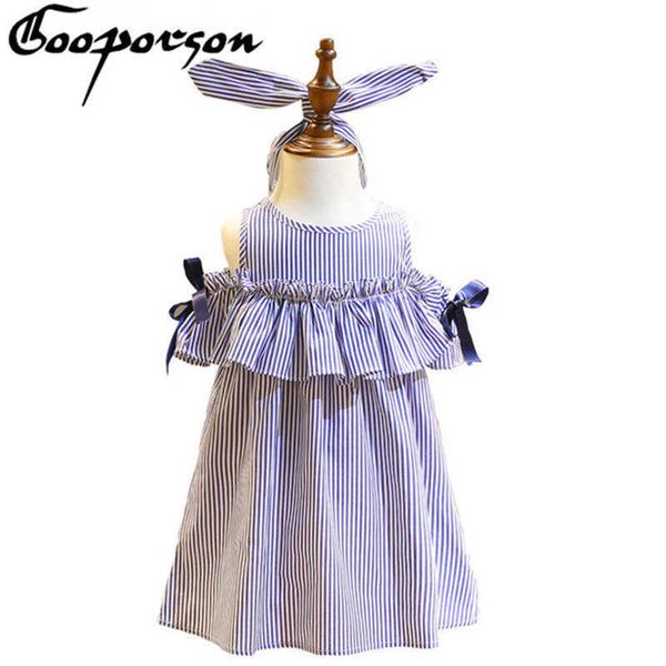 

girls summer dress casual striped baby girls dress with hair band kids clothes party dresses for children clothes drop 210715, Red;yellow