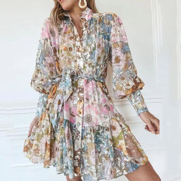 

casual dresses floral printed elegant women long sleeve mini shirts dress autumn lapel single breasted patchwork ruffles, Black;gray