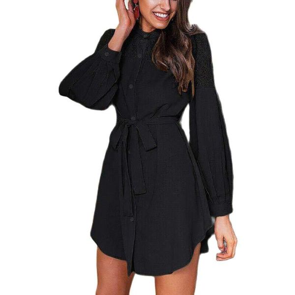 

explosive autumn and winter lace long-sleeved v-neck solid color tie dress women casual dresses, Black;gray
