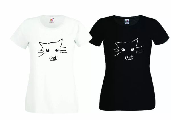

t-shirt cat cat eyes lady womens 100% cotton white black gift animals