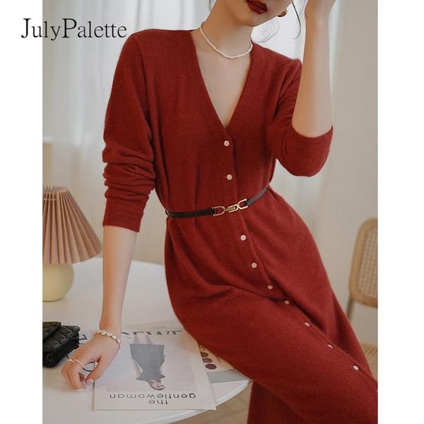 

casual dresses julypalette elegant ladies single-breasted knitting dress french vintage women long sleeve a-line fall mid sweater, Black;gray