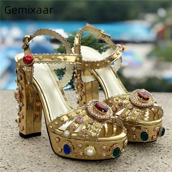 

high platform gladiator sandals women ankle strap open toe jeweled diamond rhinestone metal decor chunky heel summer sandalias, Black