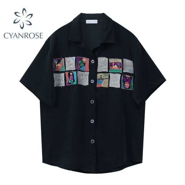 

boyfriend blouses and shirts for woman streetwear fashion short sleeve oversized cardigan lapel black harajuku ins blusas 210515, White