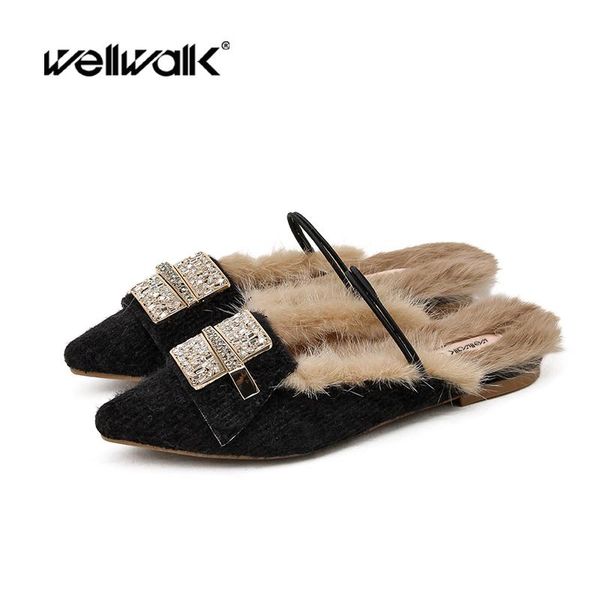 

fur mule shoes with rhinestone buckle women furry slides pointed toe winter slippers ladies for, Black