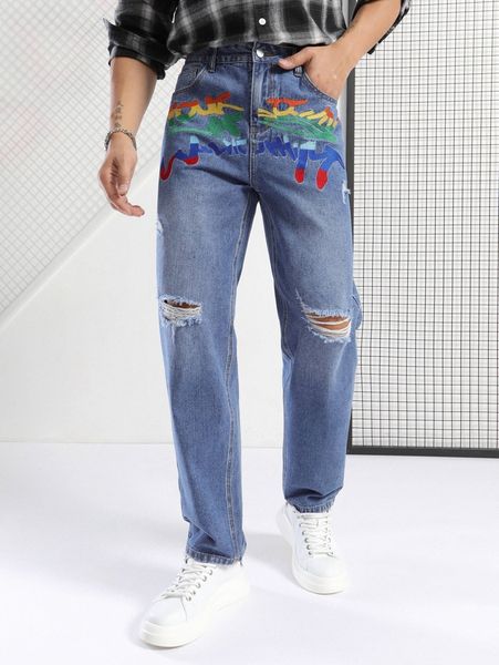 

men letter embroidery ripped jeans 29t3#, Blue