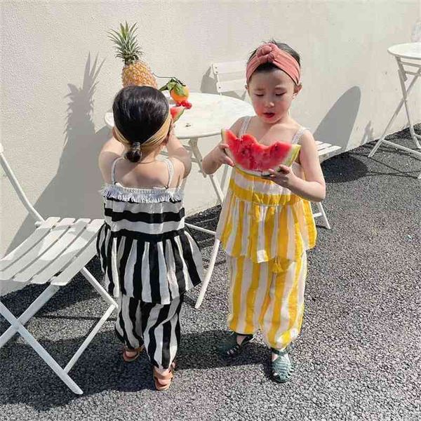 

summer arrival girls fashion striped 2 pieces suit pants clothing set 210528, White