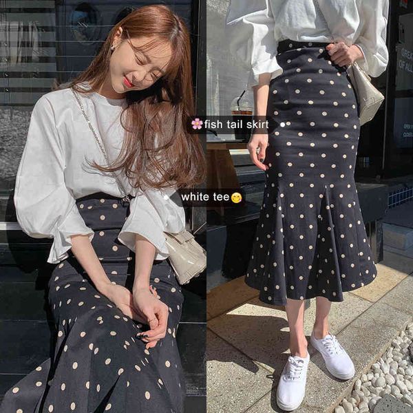 

summer polka dot skirt bodycon trumpet / mermaid vintage lady skirts high waist slim kawaii jupe longue 210506, Black