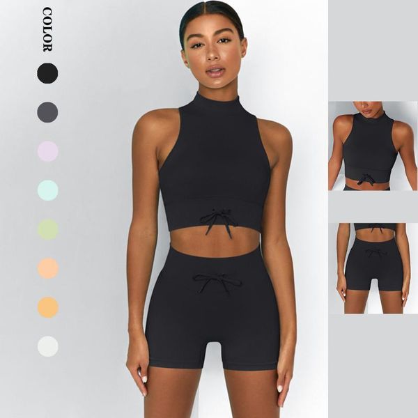 

yoga outfit seamless set elastic slim bodybuilding high neck tank bubble bushorts gym waist sling sports women