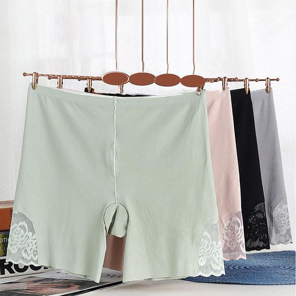 

women's leggings ice silk seamless underwear cotton crotch boxer briefs ladies four-corner lace anti-glare thin safety pants, Black
