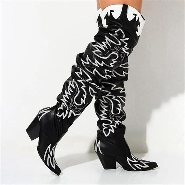 

boots women western over the knee boot high chunk heel, Black