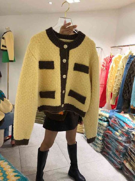 

women's sweaters korean fashion sueters de mujer autumn winter sweater coat o neck long sleeve yellow knitted cardigan contrast retro c, White;black