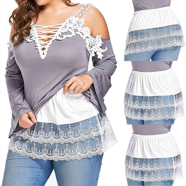 

white plus size base womens skirt layered tiered sheer lace trim extender half slip fake adjustable lower, Black