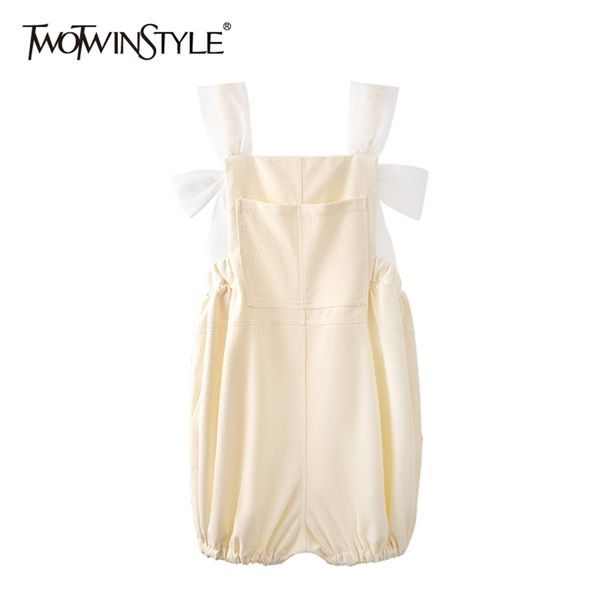 

casual loose playsuits for women square collar sleeveless patchwork bowknot pockets female summer fashion 210521, Black;white