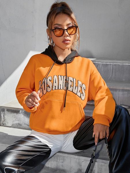 

neon orange drop shoulder letter embroidered contrast hoodie a2o8#, White;black