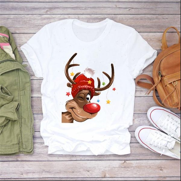 

norty elk print womens short sleeve casual white tshirts harajuku cartoon christmas shirts women clothes