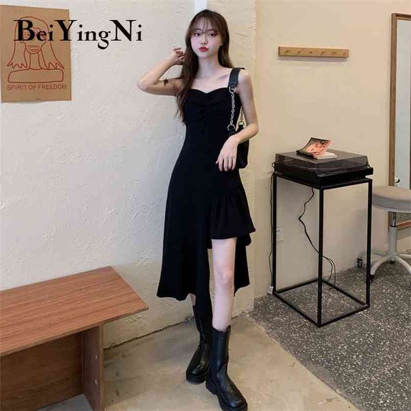 

camisole dresses woman irregular club harajuku slim leisure vintage streetwear mid calf dress sleeveless vestidos 210506, Black;gray