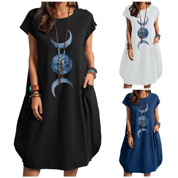 

casual dresses women's loose planetary moon print large size cotton linen pocket dress female vestidos, Black;gray