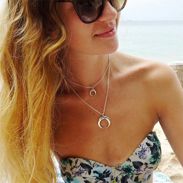 

pendant necklaces retro gold double layer crescent necklace fashion women's multi-layer moon clavicle chain creative lady jewelry gifts, Silver