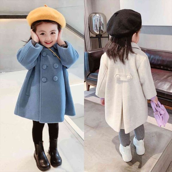 

jackets girls coat double breasted woolen overcoat cotton trench lapel kids outerwear wool coats spring winter, Blue;gray