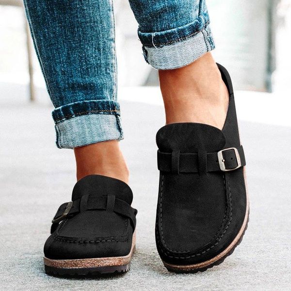 

sandals women retro 2021 summer slip on casual comfy leather buckle suede ladies flat shoes 35-43 soft female slipper, Black