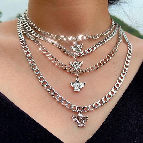 

pendant necklaces 4pcs/set small angel for women punk multilayer silver color chunky clavicle chain necklace hip hop jewelry