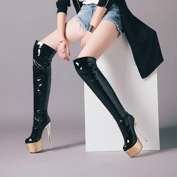 

boots thigh high for autumn women utral heels shoes nightclub party 5.5cm platform over the knee stretch winter, Black
