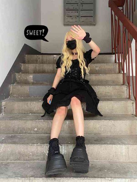 

japanese summer harajuku soft girl womens dress dark style vintage square collar puff sleeve bandage sweety ruffle fluffy, Black;gray