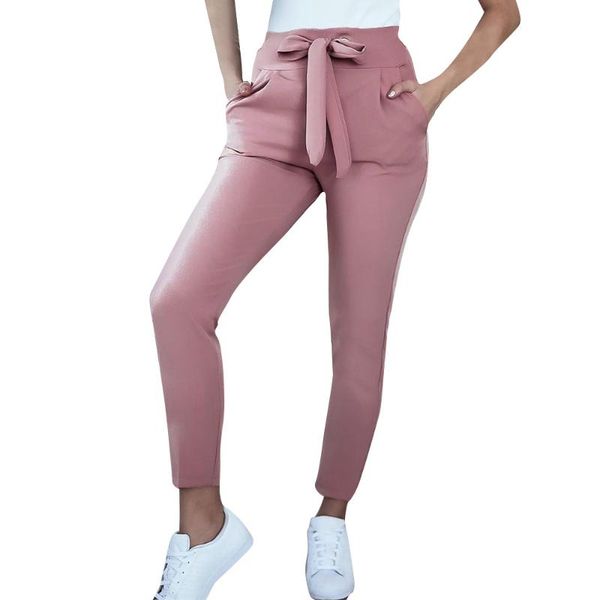 

fashion lace up elastic high waist pants women summer slim hips bandage design pockets decor solid color pencil women's & capris, Black;white