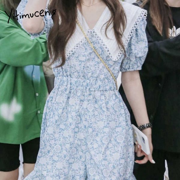 

yitimuceng floral print dresses for women summer ruffles boho mini dress korean fashion short puff sleeve blue sundress 210601, Black;gray