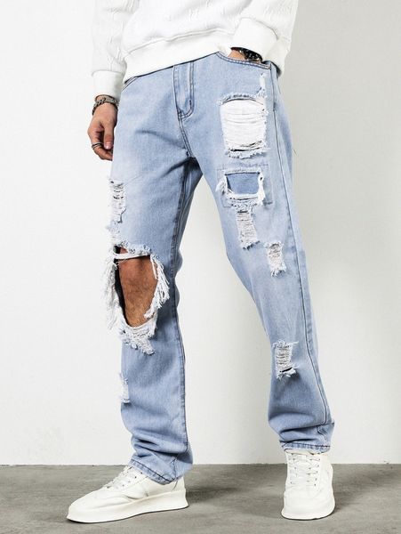 

men ripped straight leg jeans h0cf#, Blue
